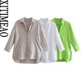 Women Spring Fashion With Side Vents Loose Linen Shirts Vintage Long Sleeve Button-up Female Blouses Blusas Chic