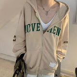 Letter Embroidery Oversized Zip Up Hoodie-Outfit