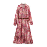 Fongt Women's Clothing Explosive Temperament Fashion Print Mid-Rise Collar Shirt Style Long-Sleeved Dress