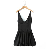Satin Deep V-neck Strap Mini Dress-Outfit