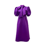 Fongt Large-Size Women's Summer New Bow Bow Pure Color Banquet Dress Skirt Short-Sleeved Dress