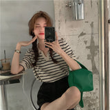 Vintage Short Sleeve Knitted T-shirts Girls Basic Striped Stretchy V-neck TShirts Tops For Women-Outfit