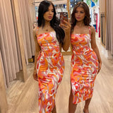 Fongt Women's Summer 2024 New Fashion Print With Open Back Strap Slim Sling Dress-Outfit