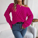 Real Shooting Autumn And Winter Leisure Feathers Hollow Word Collar Shoulder Lantern Sleeve Sweater Women's