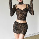 Fongt Autumn Women's New Sexy Hot Babes Leopard Print Tops Lace Splicing Skirt Dress Suit Woman