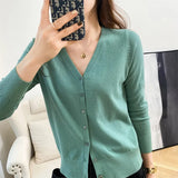 Fongt New Spring And Fall Thin Knit Women's Cardigan Long Sleeve V Neck Short Sweater Small Shawl Coat Jacket-Outfit