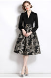 Fongt Dress Women's Autumn New Light Luxury Niche High-End Feeling Deep V-Neck Splicing Of The Flowers Showing Thin And Fluffy Long Dress