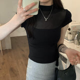 Girls Foreign Style Simple Net Gauze Spliced Half-High-Collar T-Shirt Spring And Summer New Thin Solid Color Short-Sleeved