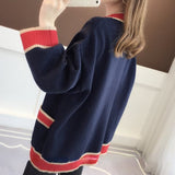 Women Knitted Korean Fashion Patchwork Sweater Long Sleeve V-neck Casual Office Lady Baggy Elegant College Tender