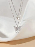 Rhinestone Butterfly Pendant Double Layered Necklace-Outfit