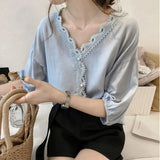 Style Elegant Chiffon blouse Women Short Sleeve Lace Shirts Casual Plus size Feminine Tops