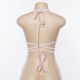 Sexy Women Short Crop Tops Backless Fleece Choker Bandage Sleeveless Vest Halter Tank Off Shoulder Ring Bralette Summer Cami-Outfit