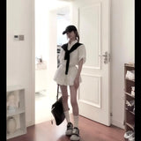 Fongt White Polo Collar Long-Sleeved Shirt Top Spring High Waist Half-Dress Temperament Two-Set
