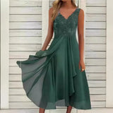 Fongt Chiffon Stitching Lace Hollow Out Long Dress Bridesmaid Evening Dress