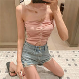 Red Chic Sexy Knitted Pearl Decorative Chest Vest Summer Folding Inside The Trim Bottom Wrapped