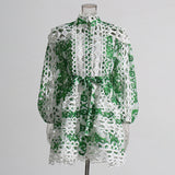 Spring 2025 Small Fashion Temperament Round Tie Collar To Collect Waist Thin Design Lantern Sleeve Short Dress