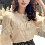 Lace Tops Women Shirts Womens Tops and Blouses 2022 Chiffon Blouse Cardigan Solid Stand Collar Blusas Feminine 8049