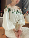 Embroidered Flower Blouse Woman Mesh Patchwork Spring Satin Shirt Lady O-neck Tops Long Sleeve Women's Clothes