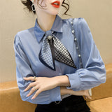 Fongt Shot Spring New Tie Foreign Style Bow Chiffon Shirt Long Sleeve Shirt Female Jacket Occupation-Outfit
