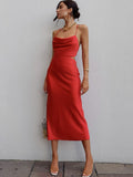 Maxi Dress Women Satin Backless Pile Collar Spaghetti Strap Evening Sexy Elegant Party Outfits Floor Length y2k