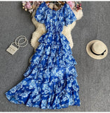 Fongt Floral And Haffin Dress Women's New Summer Bubble Short Sleeves To Close The Waist Thin Holiday High-End Cake Dress