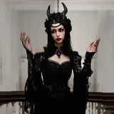 Dark Wind New Horn Sleeve Collar Lace Splicing Open Shoulder Temperament Leisure All Kinds Of Jackets-Outfit