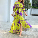 Fongt Temperament Elegant Inclined Shoulder Dress Ins Print Lantern Sleeve High-Waisted Dress