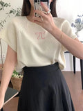 Round Neck Bow Print Short Sleeved Knitted Top-Outfit