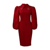 Fongt Women's Spring And Autumn Long-Sleeved Large-Size Bag Hip Nail-Bead Mesh Splicing Commuter Pencil Skirt Dress