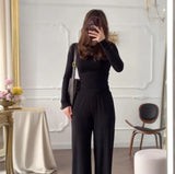 Fongt Summer New Women's Round Neck Solid Color Wide Leg Pants Temperament Commut Fashion Set