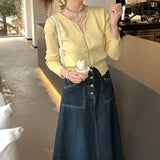 Fongt Yellow Knitted Cardigan Women 2025 Spring New Self-Cultivity Temperament Gentle Thin Simple Sweater Jacket