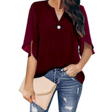 Fongt Women's Women's Short Sleeve Elegant Casual Solid Color V Collar Chiffon Shirt Chiffon