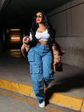Fongt Street Wide-Legged Jeans Women's New Autumn 2025 New Fashion High-Waisted Trousers Multi-Pocket Workwear Casual Pants