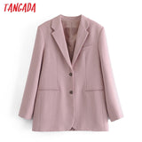 Women Pink Blazer Coat Vintage Notched Collar Pocket 2021 Fashion Female Casual Chic Tops