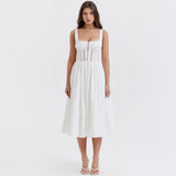 Summer Square Neck White Midi Dress Elegant Sleeveless A Line Holiday Party Dress Casual Women Lace Dress 2023-Outfit