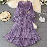 Fongt Fairy Seaside Holiday Chiffon Dress Female Lotus Lace V Collar Temperament Folded Waist Thin Swing Dress