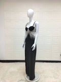 Black Cupped Cut-Out Rhinestone Tassel Maxi Dress-Outfit