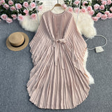 Fongt Light Luxury Temperament Three House Pleated Bat Sleeve Round Collar Loose A-Word Pleated Dress Elegant Long Skirt-Outfit
