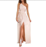Fongt Women's New Dress Summer Slanted Shoulder Dress Temperament Sleeveless Sexy Open Fork Dress