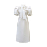Fongt Large-Size Women's Summer New Bow Bow Pure Color Banquet Dress Skirt Short-Sleeved Dress