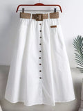 Waist Skirt Large Pocket Send Belt Women's Summer Skirt Fashion Casual Solid A-LINE Elastic Waist Single Button Midi