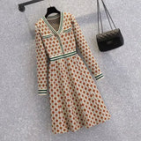 Women Autumn Winter Vintage Plaid Knitted Sweater Dresses 2022 V Neck Striped Patchwork Knitwear Mini Short