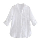 Spring Autumn Women Retro Simple Style Loose Long Sleeve Basic Solid Color Shirt Casual Chic