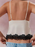 Sexy Women Slim Camis Tops Spaghetti Strap V-Neck Vest Lace Patchwork Asymmetric Hem Mini Vest Summer Party Clubwear-Outfit