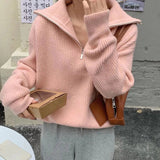 Women Rib Knitting Open Zipper Lapel Sweater 2021 Autumn Vintage Pullover Knitwear Long Sleeve Retro Ladies Knit Jumper
