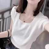 Version Gentle Style Knitted Sweater Women's New Style 2024 Spring And Summer 100 Small Square Collar With Short Sweater Bottomed And Short Sleeves-Outfit