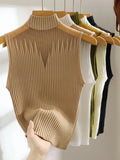 Knitted Top Women Y2K Tank Top Half Neck Vest Female Sleeveless Sweater Chic Cut Out Streetwear Solid Skinny White Tube-Outfit
