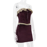 Purple Velvet Corset Crop Top And Mini Skirt Set-Outfit