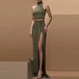 Fongt And Summer 2025 New Heavy Industry Nails Studded Neck Vest Top Open Fork Long Skirt Set Two Sets