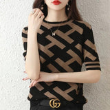 Women's Clothing Vintage Letter Printed Pullovers Fashion Screw Thread Patchwork Summer Commute Casual O-Neck Knitted T-shirt-Outfit